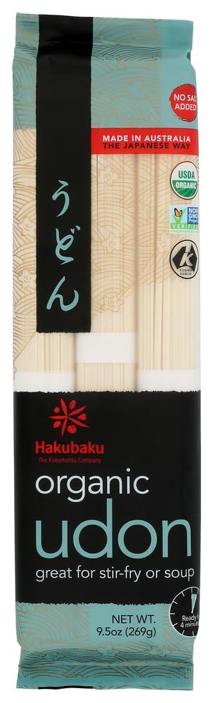 Hakubaku Organic Udon, Authentic Japanese Wheat Noodles, No Added Salt, 9.5oz (Pack of 16)