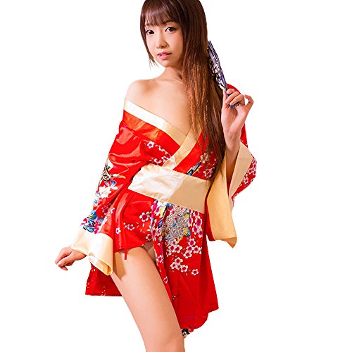 TOMORI Womens Sexy Kimono Cosplay Costume Lingerie Flower Printing Robes Lolita Fancy Dress Red