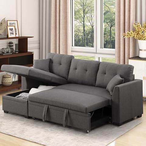 poplarbox Sofa Bed, Convertible L Shaped Couch with Pull Out Bed 82" Small Sectional Sleeper Sofa Bed with Storage Chaise and Throws Pillows for Bedroom, Living Room (Dark Grey) Cover