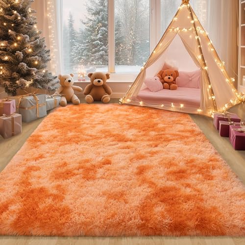 Kids Rugs for Bedroom, 5x7 Fluffy Shaggy Rugs for Living Room, Soft & Non Slip Fuzzy Orange Tie Dye Shag Rug for Girls Room Dorm Home Decor, Modern Indoor Floor Rug