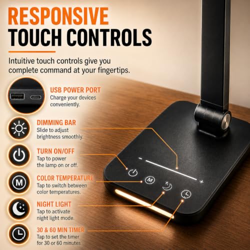Image of XERGY LED Desk Lamp with USB Charging Output - Dimmable, Touch Control, Timer, Night Mode, 5 Color Mode, Adjustable Arm, Eye-Caring Table Lamp for Study, Office & Home Use - Black(Adaptor Included)