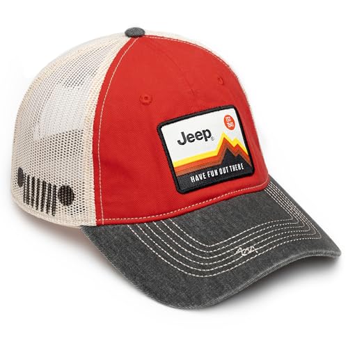 Jeep Have Fun Out There Patch Garment Washed Trucker Hat Unstructured (US Alpha One Size Red)