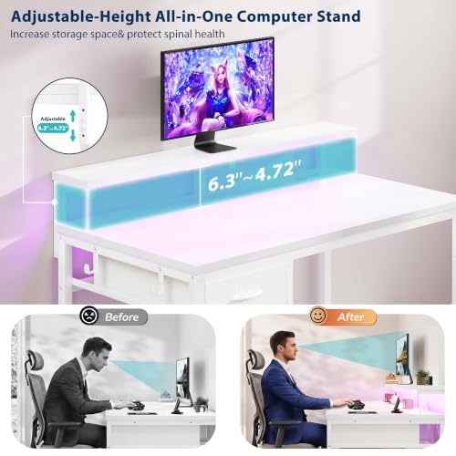 Image of DurayLoly 32 inch Computer Desk with Power Outlet & Fabric Drawer,White