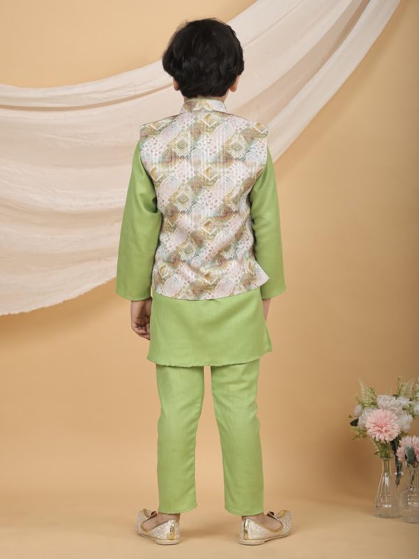 Image of superminis Boys Cotton Printed Full Sleeves Kurta Pyjama with Jacket Ethnic Wear Set