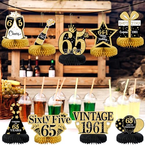Image of 9Pcs 65th Birthday Decorations Honeycomb Centerpieces for Men Women, Black Gold Happy 65th Birthday Centerpieces Tables Toppers Party Decorations Supplies, Vintage 1961 Aged Table Sign Decor