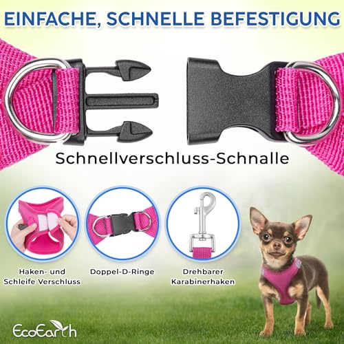 Hundegeschirr + Leine - Klein, Rosa - Weich gepolstert, No Pull Design Haustiergeschirr + Reflektierende Streifen für kleine Hunde - von EcoEarth