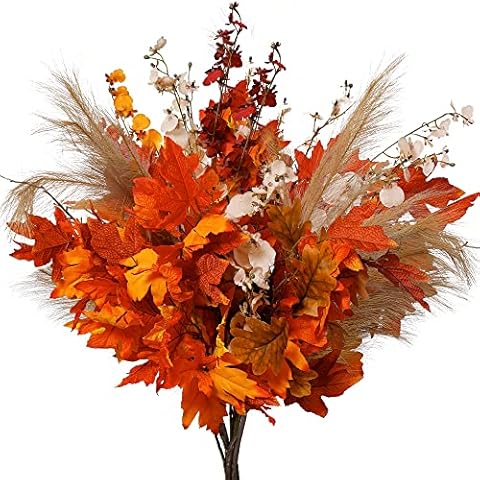 9Pcs MISSPIN Fall Decor Artificial Flowers Orchid Maple Leaves Stems Set Fall Stems Faux Reed Maple Leaves for Wedding Bouquet Table Centerpieces Autumn Thanksgiving Decor Autumn Cover