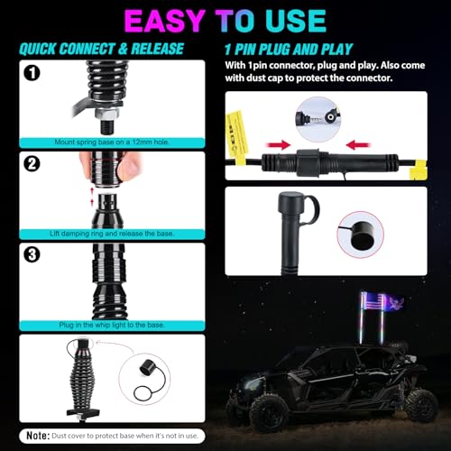 Image of Nilight LED Whip Light 1 PC 3FT COB RGB Lighted Antenna Whips with Spring Base Remote & App Control DIY Chasing Patterns for Can-am Offroad ATV UTV RZR Polaris Dune Buggy 4-Wheeler Truck