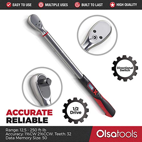 Olsa Tools Digital Torque Wrench, 1/2-Inch Drive (12.5-250 ft-lb Torque Range) | ±1% CW and ±2% CCW Torque Accuracy | Premium Ratcheting Adjustable Torque Wrench | Professional Grade