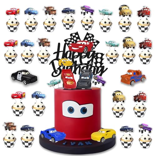 31 Stück Cars Tortendeko,25 Auto Cake Topper mit 6 Car Spielzeug,Cars Muffin Deko,Cars Kuchendeko,Happy Birthday Cake Topper,Auto Tortendeko für Junge Kindergeburtstag (Car)