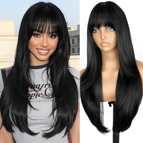 Nnzes Black 26-inch Long Wig with Bangs for Women -