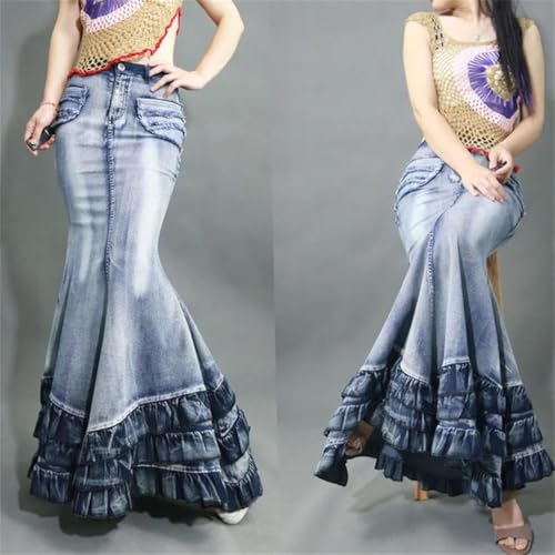 Women's Tail Mermaid Denim Skirt Long Maxi Ruffle Swing A-Line Jean Maxi Skirt with Pockets2