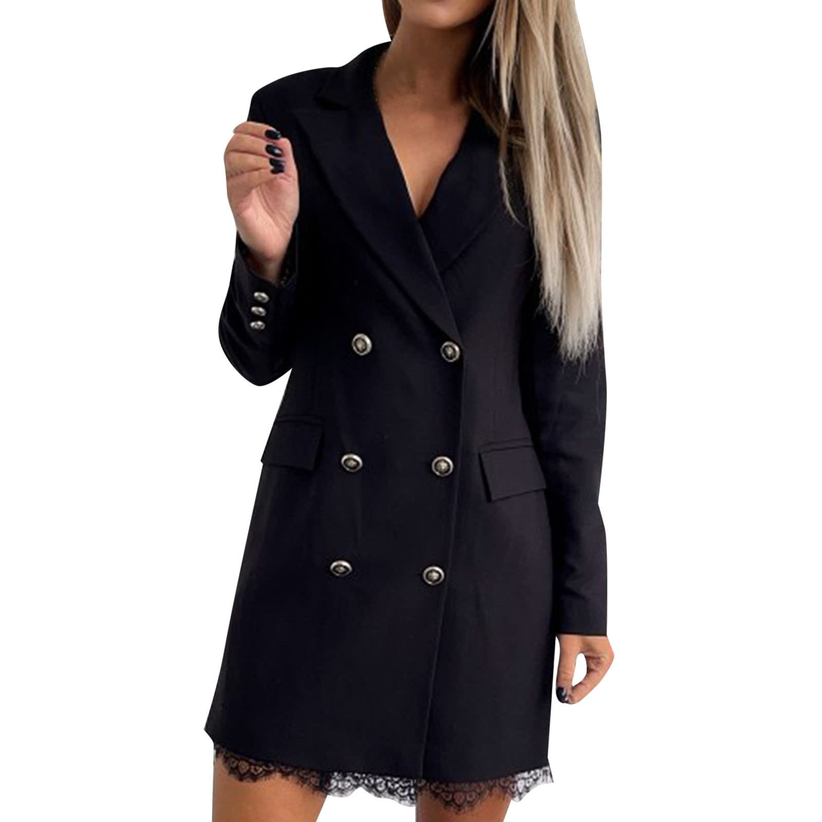 Damen Blazer Kleid Frauen Elegant Langarm V-Ausschnitt Zweireihig Solide Hemdkleid Business Lange Hülse Büro Jacken Knopf Anzug