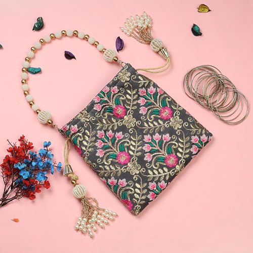Image of LONGING TO BUY Indian Embroidered Pearl Potli Bag For Women, Sequence Design with Tassel, Wedding Potli Bags
