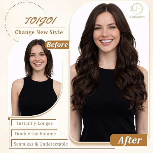 Image of Clip in Hair Extensions Real Human Hair Dark Brown Hair Extensions Clip Ins | Seamless Invisible, Volume, Human Hair Clip in Extensions, Silky, Tangle Free, No Shedding, Remy, Double Weft, 8PCS, 100g