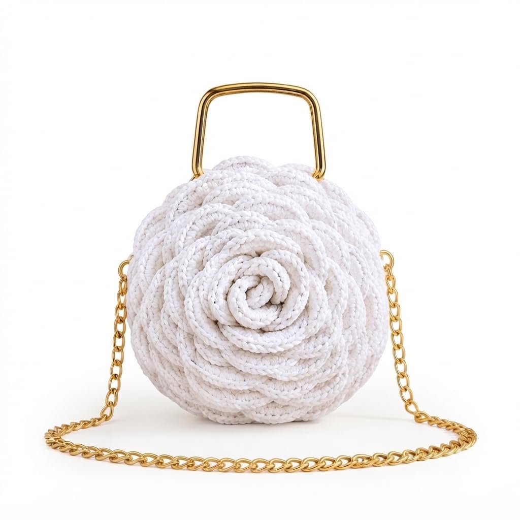 Handmade Crochet Rose Round Handbag White with Gold Chain Strap-image-25