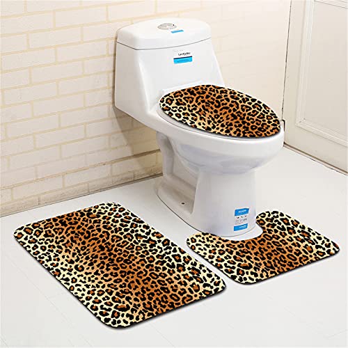JYJFORYOU 3-teiliges rutschfestes Badematten-Set Tier Leopardenmuster Badezimmerteppich Set Weiches Podest Duschmatte WC-Abdeckung Toilettenmatten-Set – Bild 3