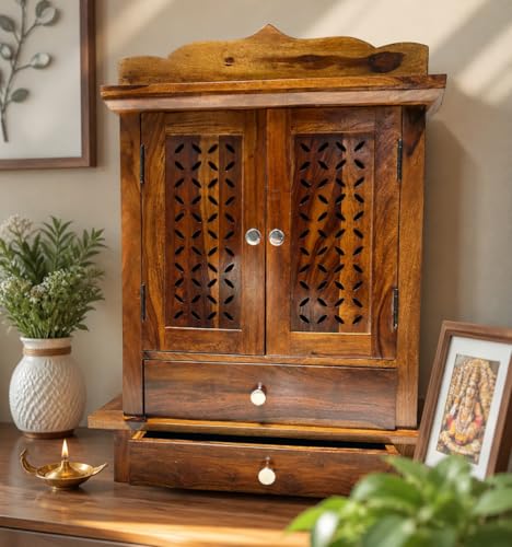 Image of Wudniture Solid Sheesham Wood Floor Standing Pooja Temple with Drawer for Home & Office | Teak Finish
