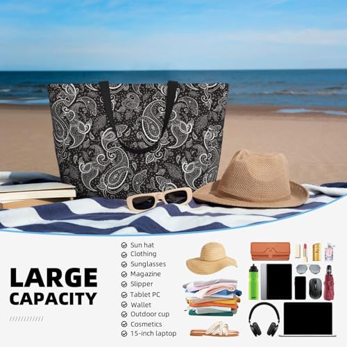Black Paisley Large Beach Bag Waterproof Sandproof Swim Tote Pool Bag For Women With Zipper4