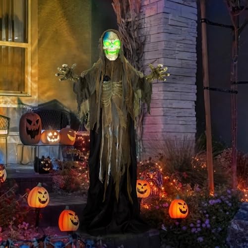 51o0-epcI6L._AC_ 72" Animatronics Standing Skeleton with Sound & Touch Activated Luminous Eyes, Scary Sounds, Movement, Life-Size Halloween Decoration for Haunted House Props, Indoor/Outdoor, Lawn,