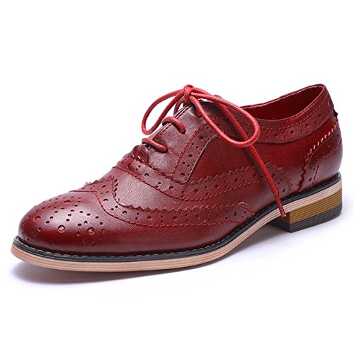 Mona flying Women's Leather Perforated Lace-up Oxfords Brogue Wingtip Derby Saddle Shoes for Girls Ladies Women