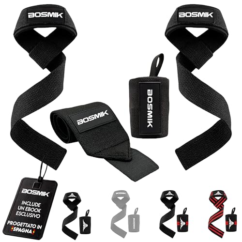 Bosmik Set Straps Palestra e Polsini Palestra - Fascette Sollevamento Pesi Imbottite e Polsiere Gym per Fitness, Bodybuilding e Crossfit Accessori - Regalo Palestra per Uomo e Donna (Nero - Bosmik)