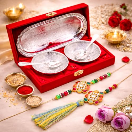 Image of Jaipur Ace Rakhi Gift Hamper for Bhaiya Bhabhi with Silver Plated Bowl Set, Pooja Thali, 2 Designer Rakhis, Roli Chawal, Raksha Bandhan Gift Set for Brother Bhabhi, Premium Rakhi Combo with Red Velvet Box