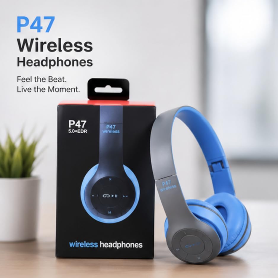 Image of P0047 Wireless Bluetooth Headphones with Deep Bass, Foldable Design, Built-in Microphone, Adjustable Headband, Noise Isolation, Stereo Sound for Mobile, Laptop & Tablet (Multicolour). (Blue)