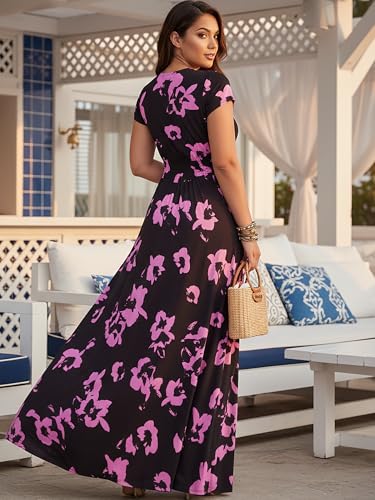 Image of KOH KOH Womens Short Cap Sleeve Summer Floral Print Long Casual Maxi Dress