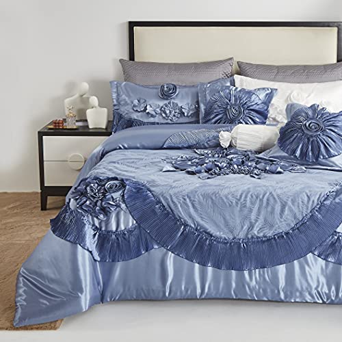 Tache Satin Silky Lustrous Floral Lace Ruffle Sweet Victorian Royal Glam Luxurious Down Alternative 6pc Comforter Set (Queen, Blue)
