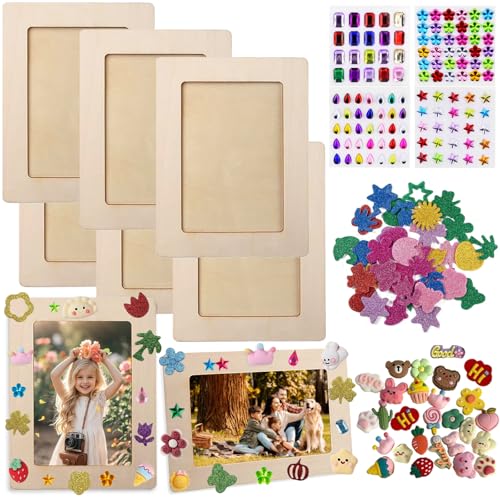 Bilderrahmen Holz Set zum Bemalen 6 Stück Holzrahmen Holzbilderrahmen zum Bemalen DIY Bilderrahmen Bastelset Bemalen Kinder mit 4 Glitzersteine Glitter Moosgummi Sticker 3D Aufkleber zum Basteln