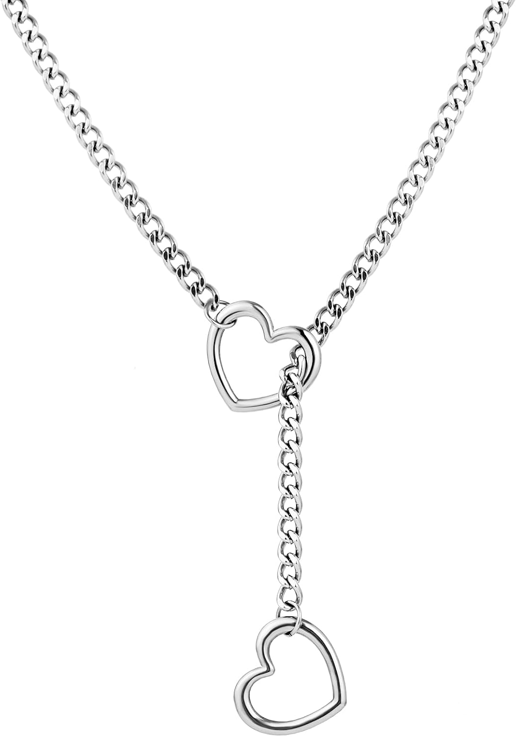 Heart Slip Chain Necklaces for Women,Stainless Steel O-Ring Adjustable Lariat Heart Y-Necklace,Punk Gothic Cuban Collar Choker Necklace for women