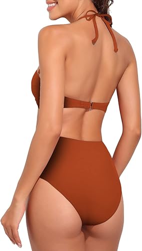 Miniatura 3 de Hilor Bandeau - Trajes de baño de dos piezas para mujer con correa retro de cintura alta, traje de baño sexy push up bikini traje de baño