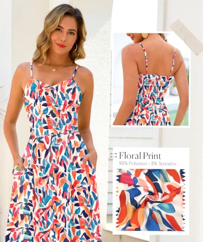 Image of Annebouti Women 2026 Summer Spring Ruched Maxi Dress Adjustable Spaghetti Strap Floral Beach Long Sundress with Pockets