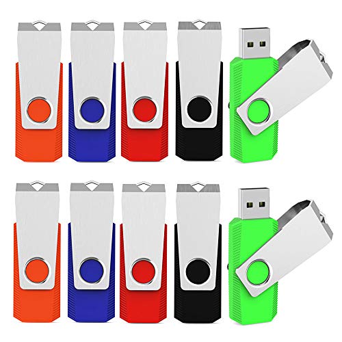 Aiibe 10pcs Colorful 4GB Flash Drive Bulk USB 2.0 Thumb Drives Swivel USB Memory Stick Pen Drive Zip Drives 10 Pack (5 Colors: Black Blue Green Red Orange)