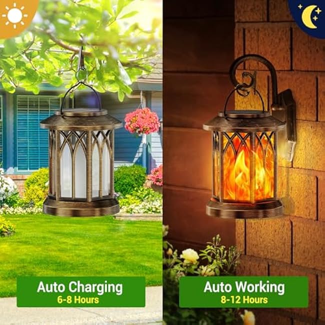 KOOPER 2 Pack Solar Lanterns Outdoor Waterproof, Upgraded Flickering Flame Solar Lantern Lights, Auto On/Off Lanterns Decorative Outdoor, Outdoor Hanging Lantern for Yard Garden Table Decor (Bronze )