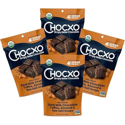 Chocxo Dark Milk Chocolate Toffee, Almond & Sea Salt Snaps - Low in Real Sugar, Organic, Non-GMO, Gluten Free & Kosher, No Artificial Sweeteners or Sugar Alcohols, 3.45 oz (Pack of 4) Cover