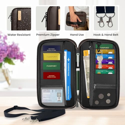 Image of Passport Holder with Detachable Shoulder Strap | Compact Pouch with Zip Around Closure | Travel Organizer Bag for Documents, Credit Debit Card Slots, Boarding Pass, Mobile & Cash (Brown)