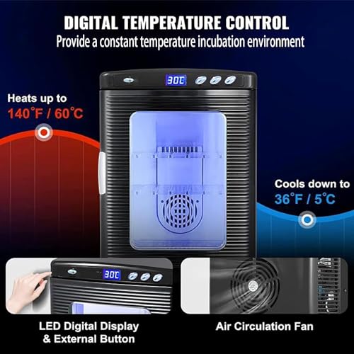 Incubadora de huevos de reptiles, 25 L, control de temperatura de 5 °C a 60 °C, con termostato de calefacción y refrigeración, iluminación LED para camaleones, lagartijas y tortugas