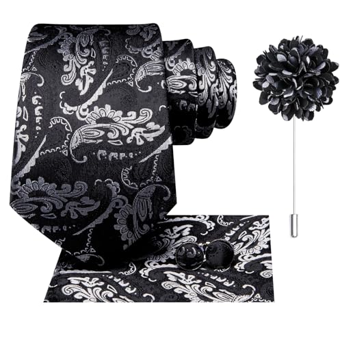 Image of Hi-Tie Men Silk Ties Set with Flower Lapel Pin Necktie Pocket Square Cufflinks for Tuxedo Wedding Business