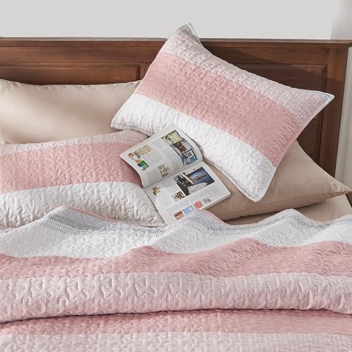 Image of Andency Pink Quilt Queen(90x96Inch), 3 Pieces (1 Striped Quilt and 2 Pillowcases) Patchwork Striped Bedspread Coverlet Set, Soft Lightweight All Season Quilted Bedding Set
