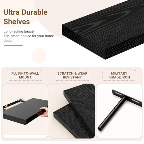 Image of 55 Inch Floating Shelves, 12 Inch Deep Floating Shelves for Wall, Extra Deeper & Thicker Wooden Wall Shelf with Invisible Brackets, Shelf for Bedroom Living Room Home Decor（Black, Set of 2）