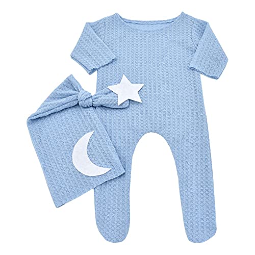 Winmany Baby Häkeln Strick Foto Fotografie Requisiten Outfits, 2PCS Neugeborene Foto Prop Strampler Hüte Kostüm Kleinkind Zubehör für 0-2 Monate (Babyblau)