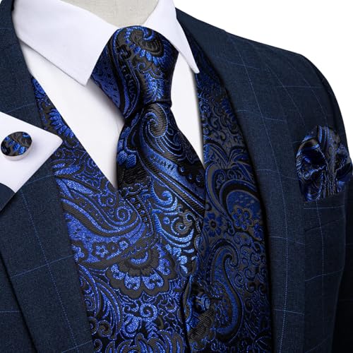 DiBanGu Mens Vest and Tie Set Formal Paisley Waistcoat and Necktie Pocket Square Cufflinks Silk Suit Vest for Tuxedo Wedding, Royal Blue and Black, X-Large3