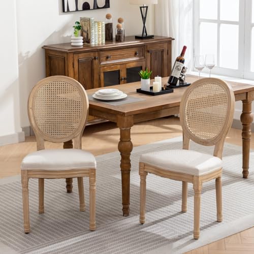 kowdom Lot de 2 chaises de salle à manger en rotin français avec housse en lin, chaise rembourrée, style maison de campagne, cadre en bois massif, beige,...