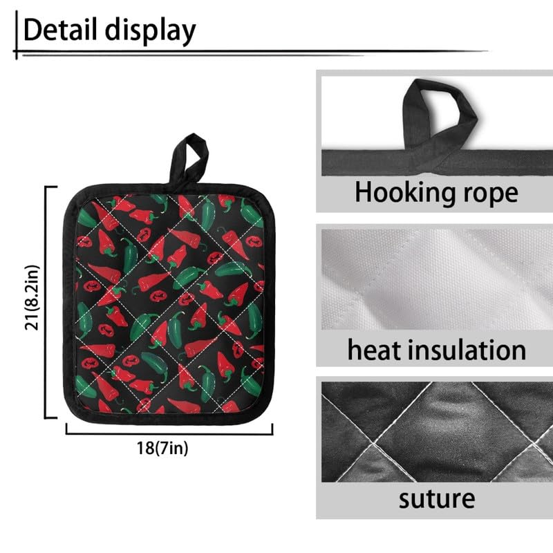 Jndtueit Red Chili Hot Pads Washable for Kitchens, Cartoon Hot Pepper 2 Set Heat Resistant Potholder Multipurpose with Hanging Loop, Green Chilli Potholder for Cooking & Baking