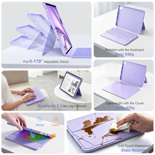 Image of WIWU iPad Keyboard Case Air 11 inch 2026 /2025 /2024 Air 5 /4th Slim Purple | Magnetic Separately Case with Keyboard Portrait Mode Adjustable Stand Backlit Key Trackpad Pro 11 inch4 /3 /2 /1 Air5 /4th