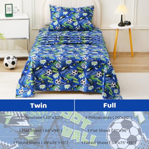 Image of Viviland 3 Pieces Boys Soccer Twin Sheet Set - Soft Microfiber Fitted Flat Sheets & Pillowcase Bed Sheet Set - Navy Football Print Bedding Sets for Kids