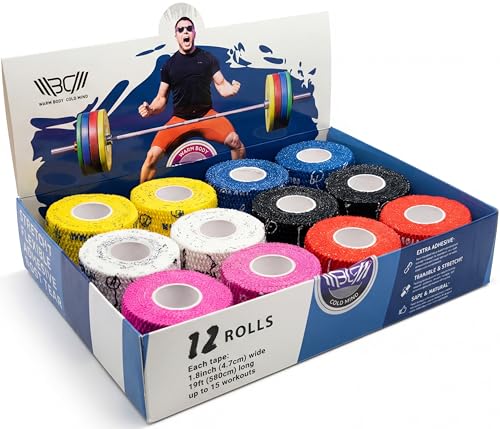 Image of WARM BODY COLD MIND 1.85 inch Premium Weightlifting Thumb Tape - Hook Grip Tape for Powerlifting, Cross Training, Gym Tape, Workout, Weight Lifting Tape, Athletic Finger Wrap (12 Rolls V4 Mix)