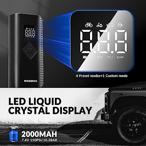 ROCKBROS Air Pump Electric Bicycle Pump Mini Compressor 7-150PSI 2000mAh 5 Modes Portable Compatible Tire Pump with Digital Display LED Light Presta & Schrader for Motorcycles Bikes - Image 3